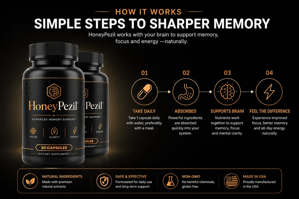 Honeypezil capsules and bottle presented on a clean surface